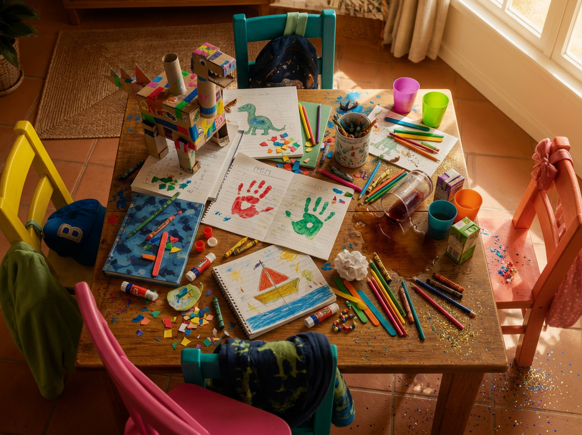 Kreativer Chaos-Tisch mit Farbe, Glitzer, Handabdrücken und bunten Stühlen