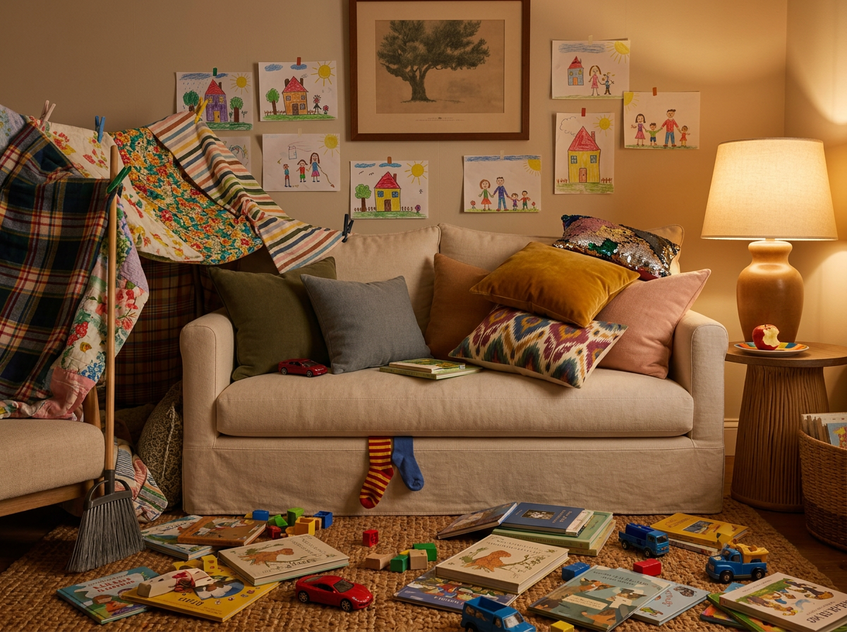 Gemütliche Sofaecke mit Büchern, Spielzeug und Kinderbildern an der Wand