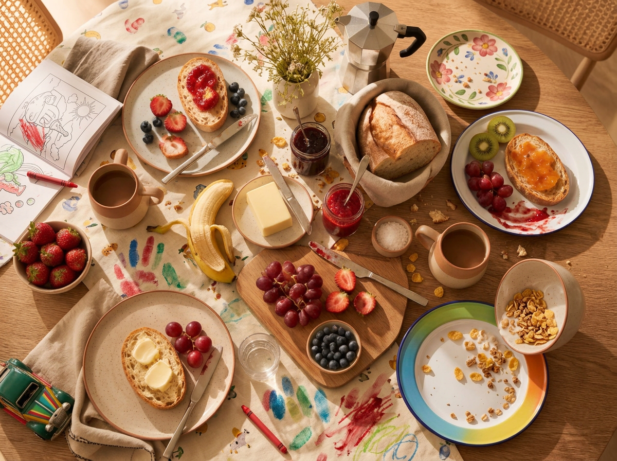 Bunter, lebendiger Frühstückstisch mit Obst, Brötchen und Kinderzeichnungen